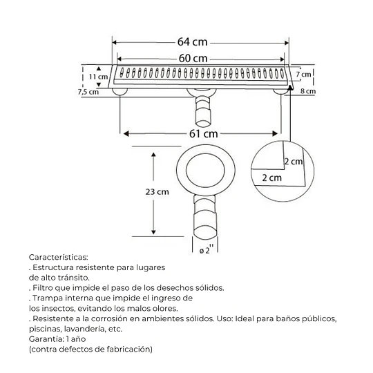 SUMIDERO GRANDE A-S8001075 ACERO INOXIDABLE 304