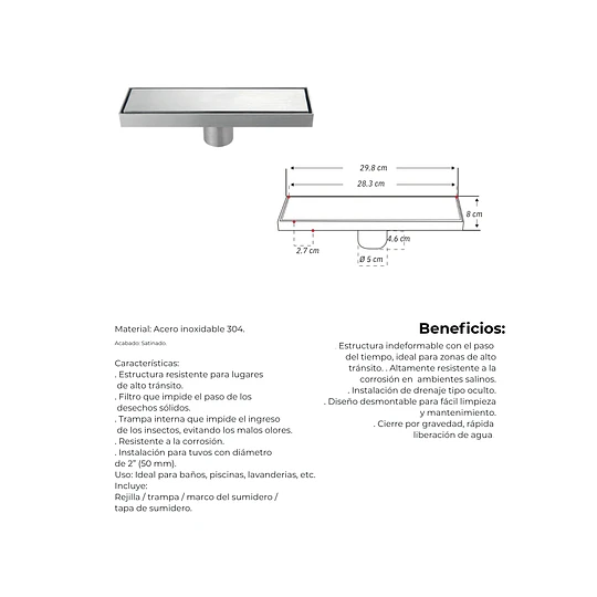 SUMIDERO 30CM  A-S3001061 ACERO INOXIDABLE 304