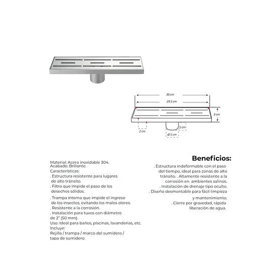 SUMIDERO 30CM A-S3001062 ACERO INOXIDABLE 304