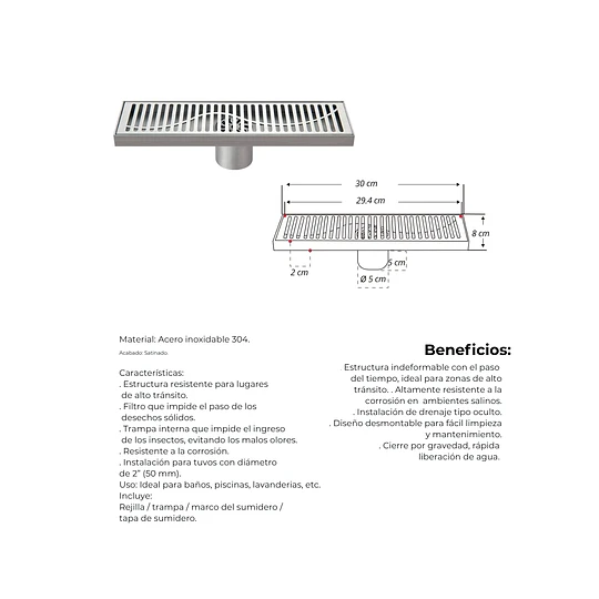 SUMIDERO 30CM  A-S3001065 ACERO INOXIDABLE 304