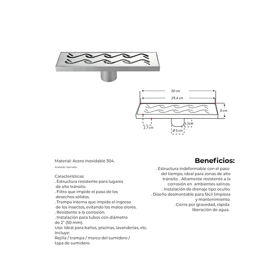 SUMIDERO 30CM A-S3001063 ACERO INOXIDABLE 304