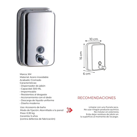 DISPENSADOR DE JABÓN LÍQUIDO ACERO INOXIDABLE 500 ML 7002