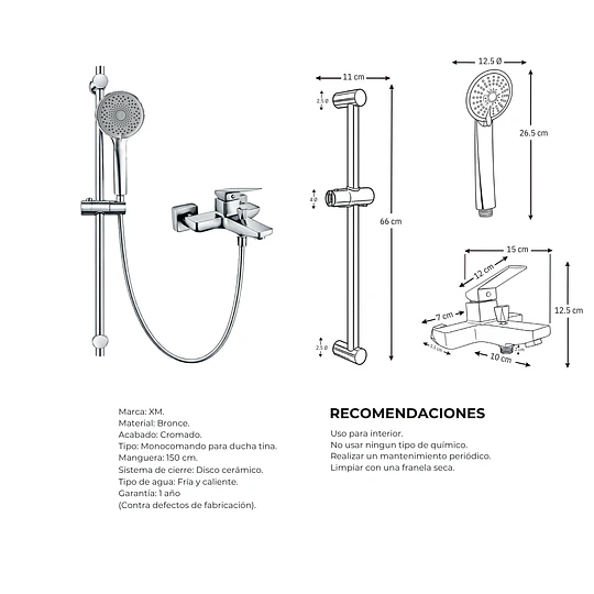 Grifería Monocomando para Ducha Tina Cromada con Barra Deslizante y Ducha Teléfono MT013100
