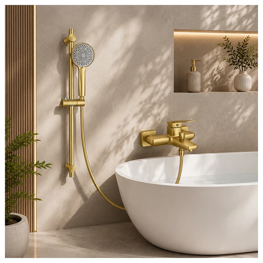 Ducha Monocomando Dorado Cepillado con Barra Deslizante y Ducha Teléfono MT013107