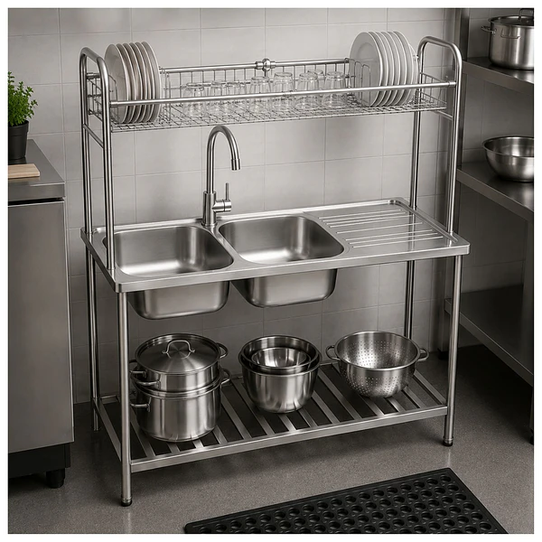 Lavadero de Cocina 2 Pozas con Escurridero y Estantes 120 cm SG-12050D11