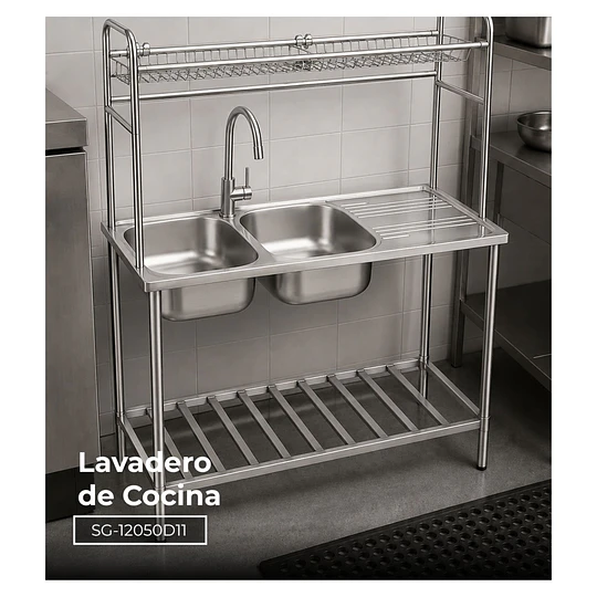 Lavadero de Cocina 2 Pozas con Escurridero y Estantes 120 cm SG-12050D11