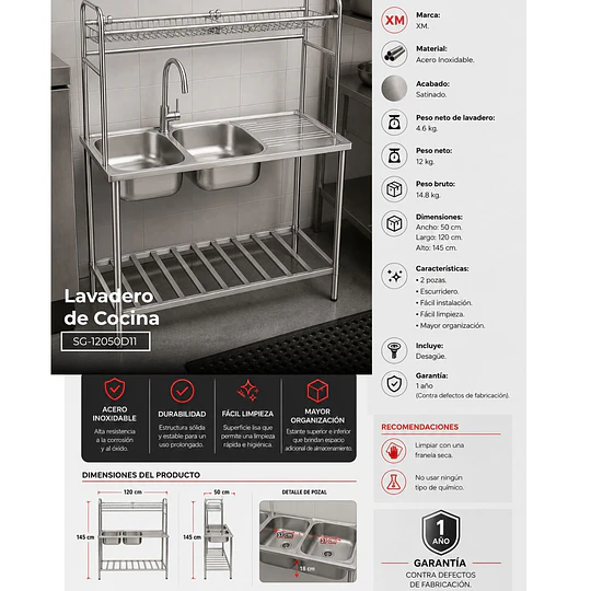 Lavadero de Cocina 2 Pozas con Escurridero y Estantes 120 cm SG-12050D11