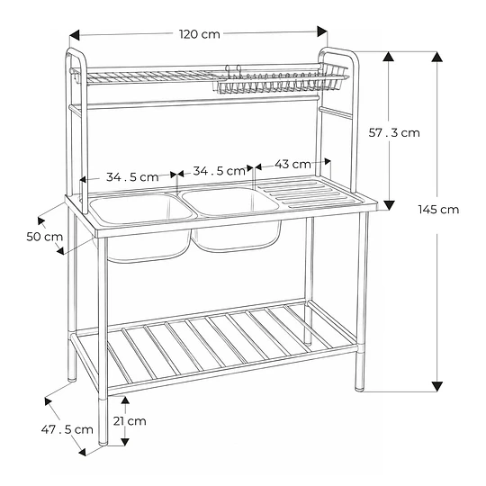 Lavadero de Cocina 2 Pozas con Escurridero y Estantes 120 cm SG-12050D11