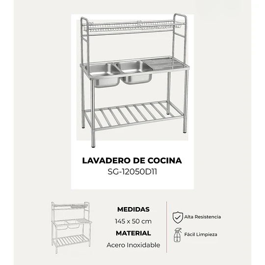 Lavadero de Cocina 2 Pozas con Escurridero y Estantes 120 cm SG-12050D11