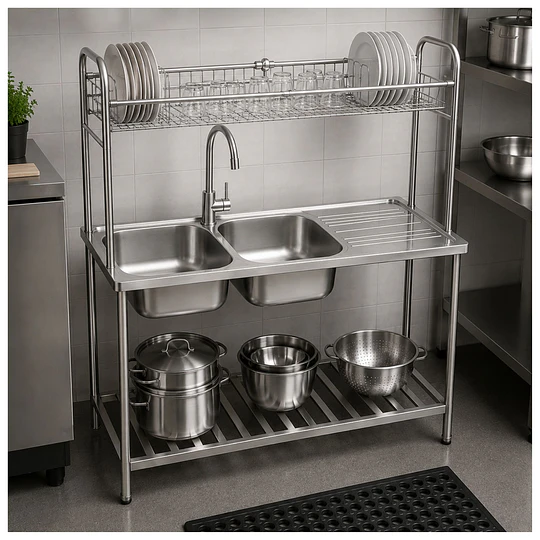 Lavadero de Cocina 2 Pozas con Escurridero y Estantes 120 cm SG-12050D11