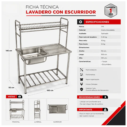 Lavadero de Cocina con Escurridor y Organizador 100cm SG-10050C11