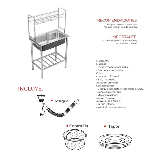 Lavadero de Cocina 1 Poza con Estante Superior y Repisa Inferior 75 cm SG-7545AR1