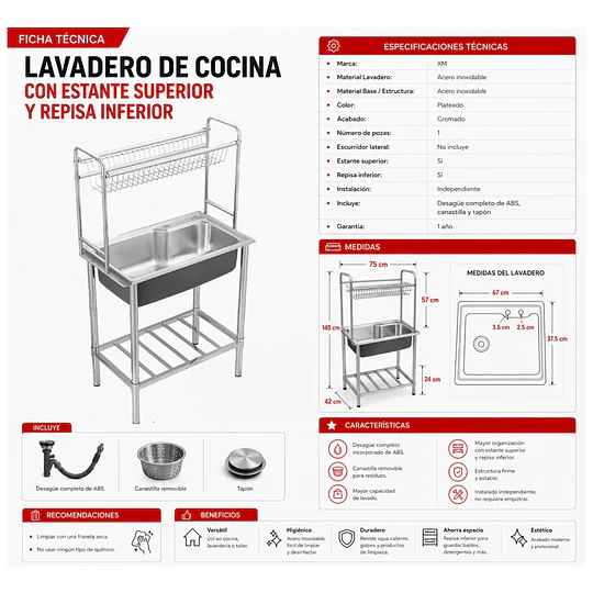 Lavadero de Cocina 1 Poza con Estante Superior y Repisa Inferior 75 cm SG-7545AR1