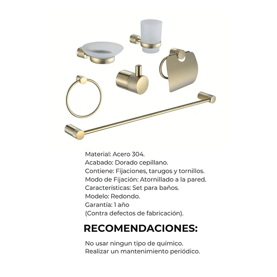 Kit de Accesorios para Baño 6 Piezas Dorado 74407