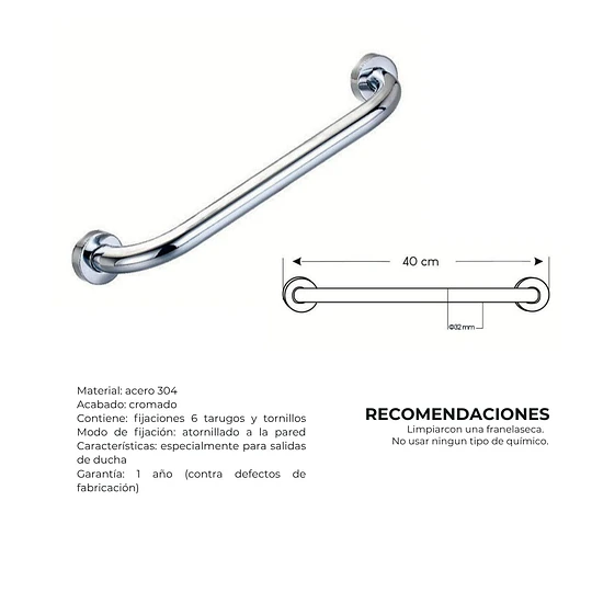 Barra de Seguridad para Baño 40 cm Acero 304 Cromado ADB63040