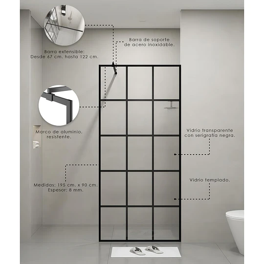 Mampara Fija para Ducha de Vidrio Templado 8 mm con Marco Negro MPD89101