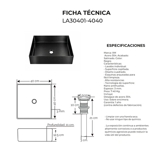 LAVADERO DE ACERO INOXIDABLE NANO NEGRO DE 40CM X 40CM LA30401-4040