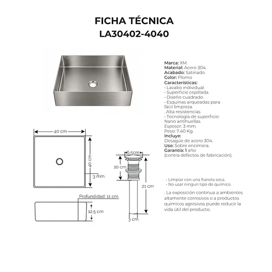 LAVADERO DE ACERO INOXIDABLE DE 40CM X 40CM LA30402-4040