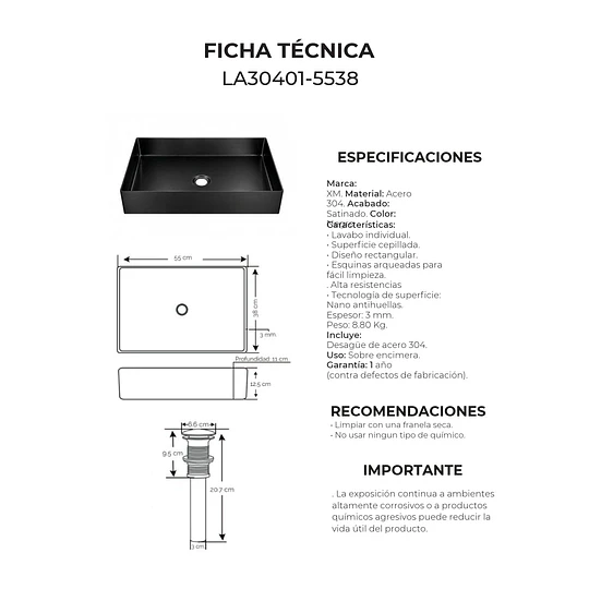 LAVADERO DE ACERO INOXIDABLE NANO NEGRO DE 55CM X 38CM LA30401-5538