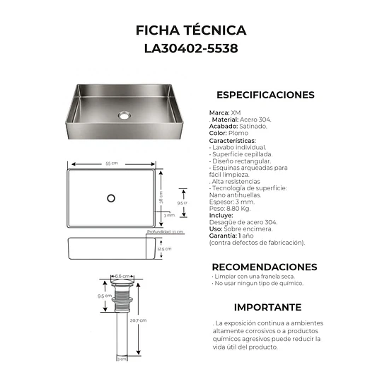 LAVADERO DE ACERO INOXIDABLE DE PLOMO 55CM X 38CM LA30402-5538