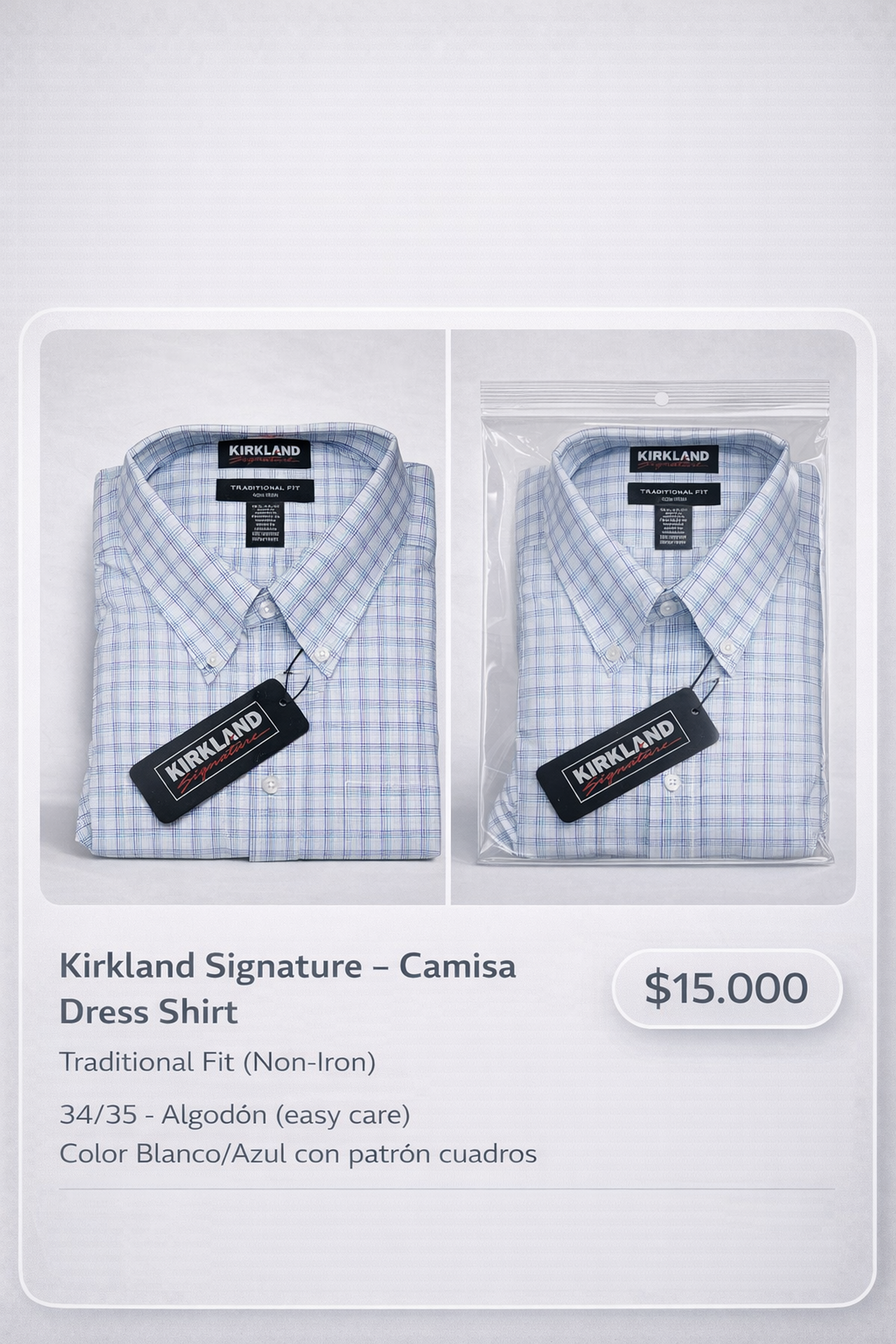 Camisa Kirkland Signature Non-Iron Talla 34/35  1
