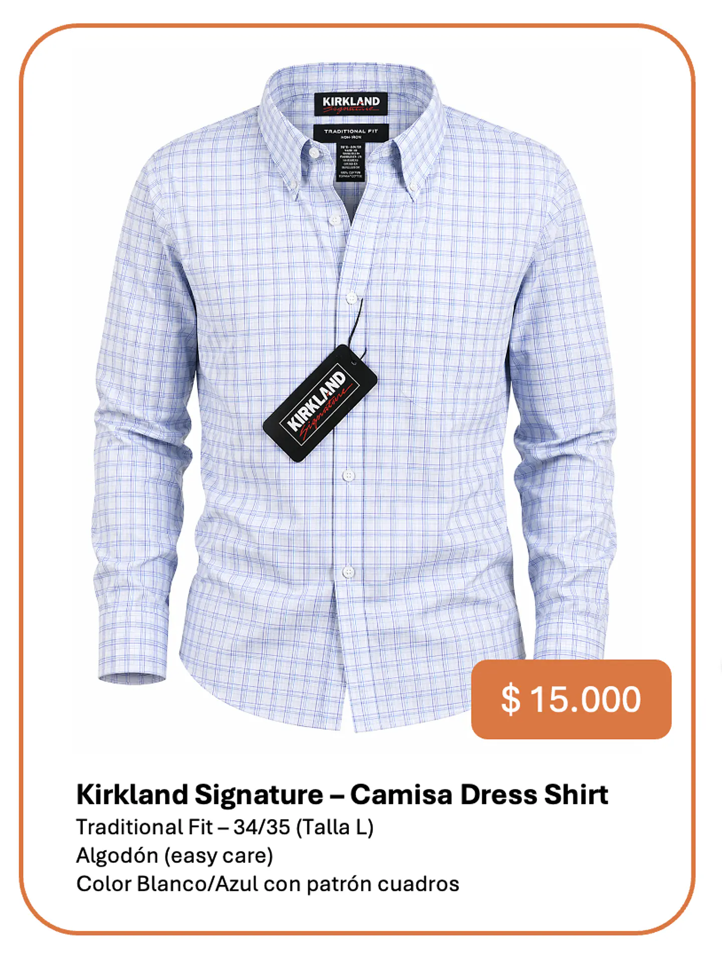 Camisa Kirkland Signature Non-Iron Talla 34/35  1