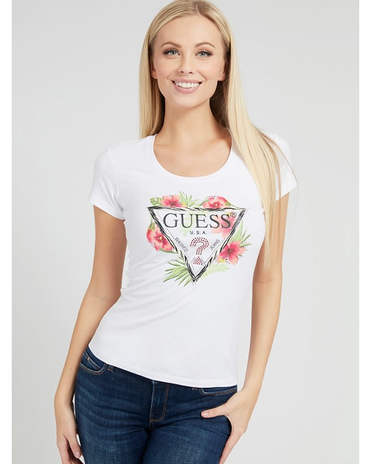 T-shirt Guess Triângulo Floral Branco - Guess