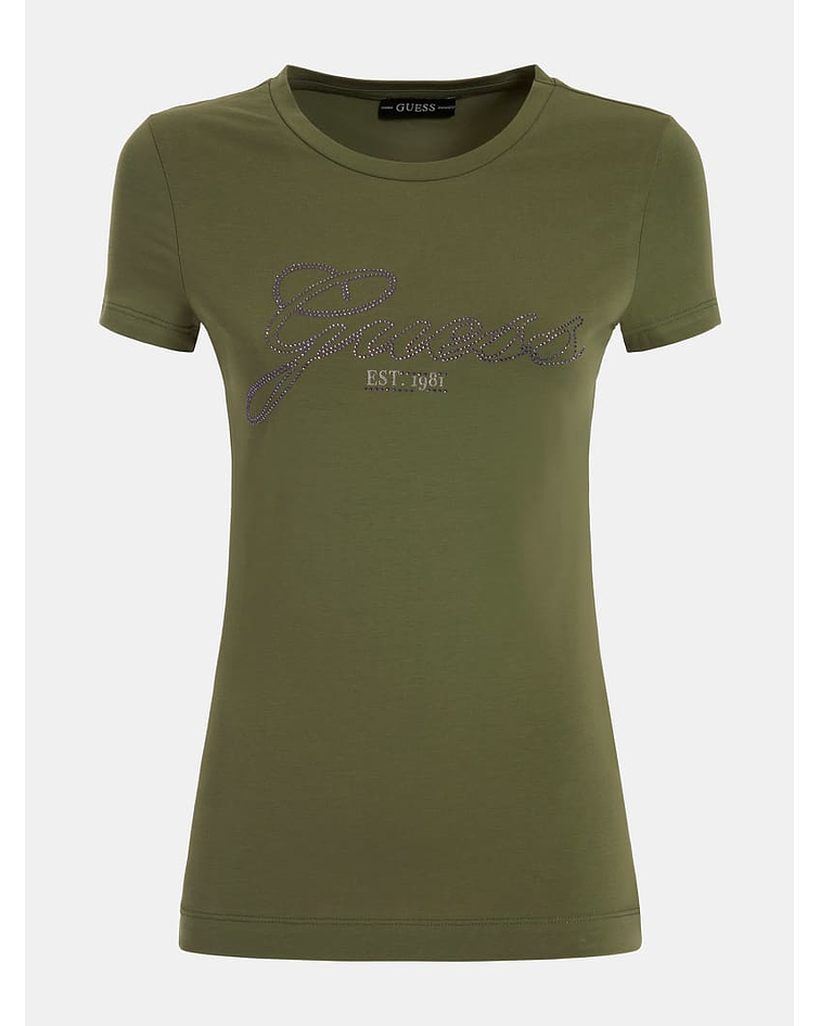T-shirt Slim com Strass Selina Verde - Guess