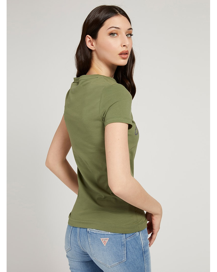 T-shirt Slim com Strass Selina Verde - Guess