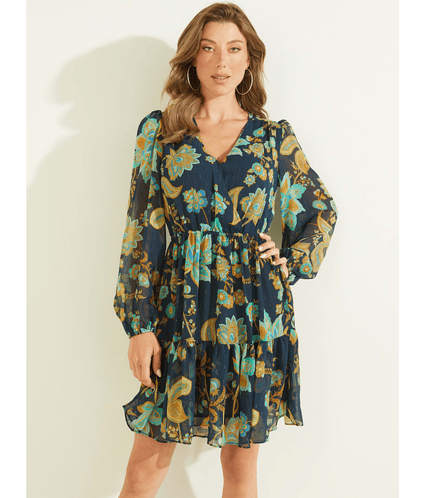 Vestido Curto Floral Cassandre Azul - Guess