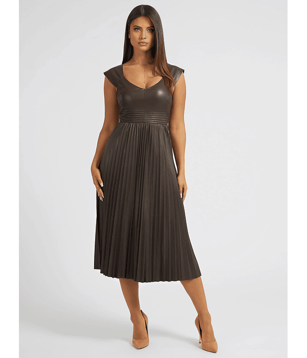 Vestido Midi Plissado em Ecopele Teri Castanho - Guess 