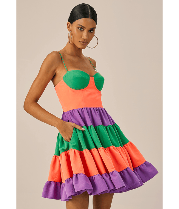 Vestido Curto com Folhos Color Block  - Lança Perfume 