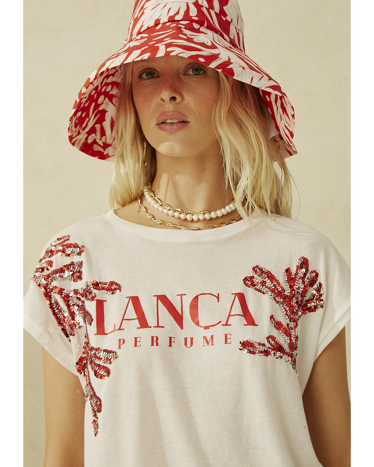 T-shirt Corais com Lantejoulas - Lança Perfume 