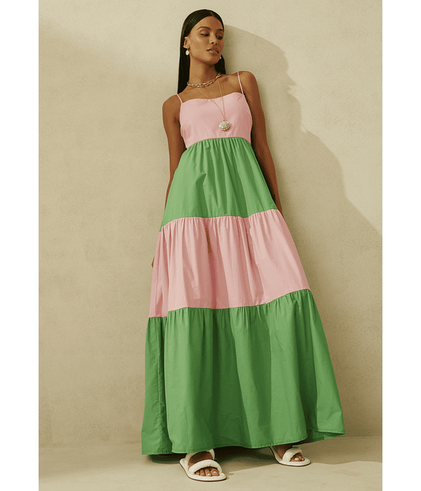 Vestido Bicolor Verde e Rosa - Lança Perfume 