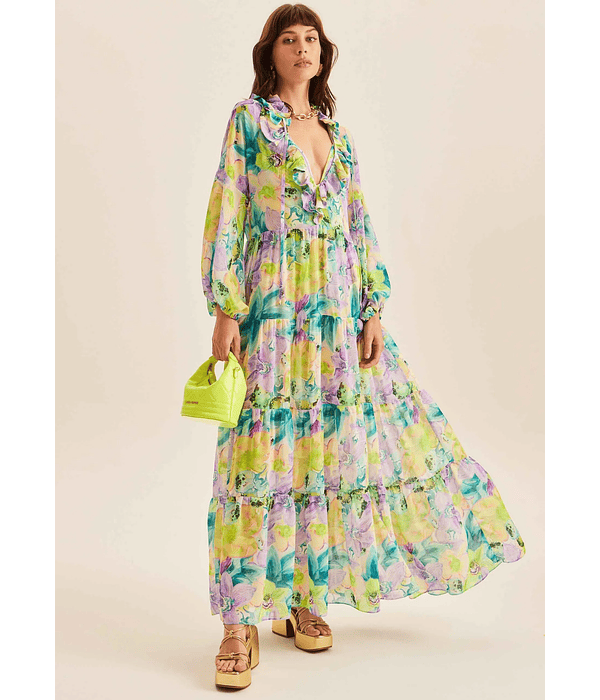 Vestido Comprido Estampa Floral Verde e Azul - Lança Perfume