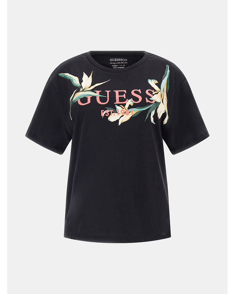 T-shirt com Lettering Floral Preto - Guess