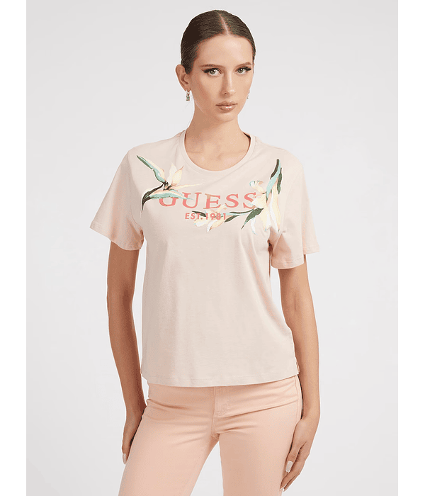 T-shirt com Lettering Floral Nude - Guess  