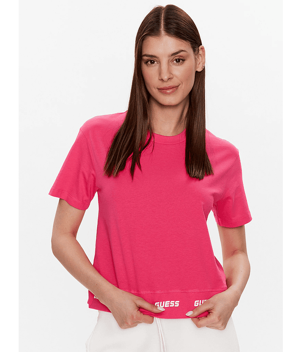 T-shirt Dorinda Curta com Cós com Logo Rosa - Guess 