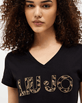 T-shirt com logo Dourado Animal Print Preto - Liu Jo