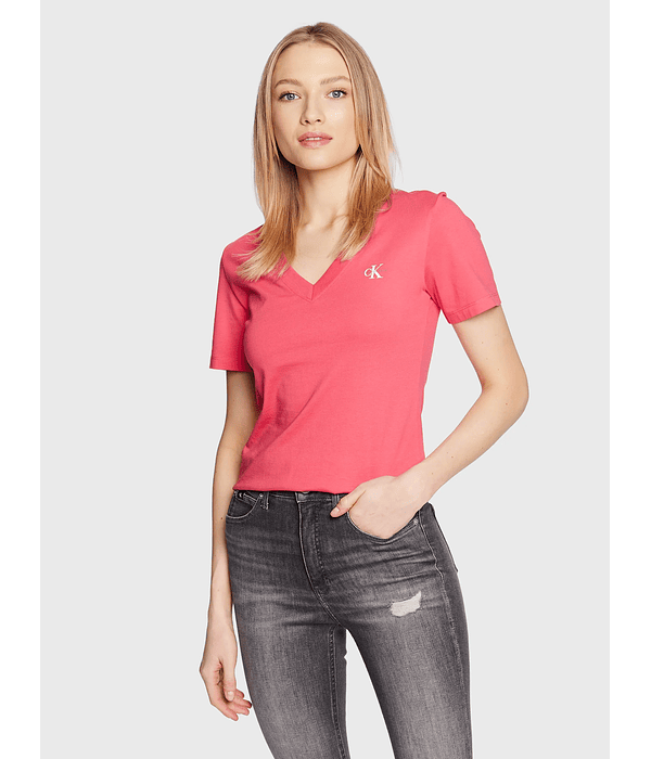 T-shirt Micro Logo Decote em V Rosa - Calvin Klein