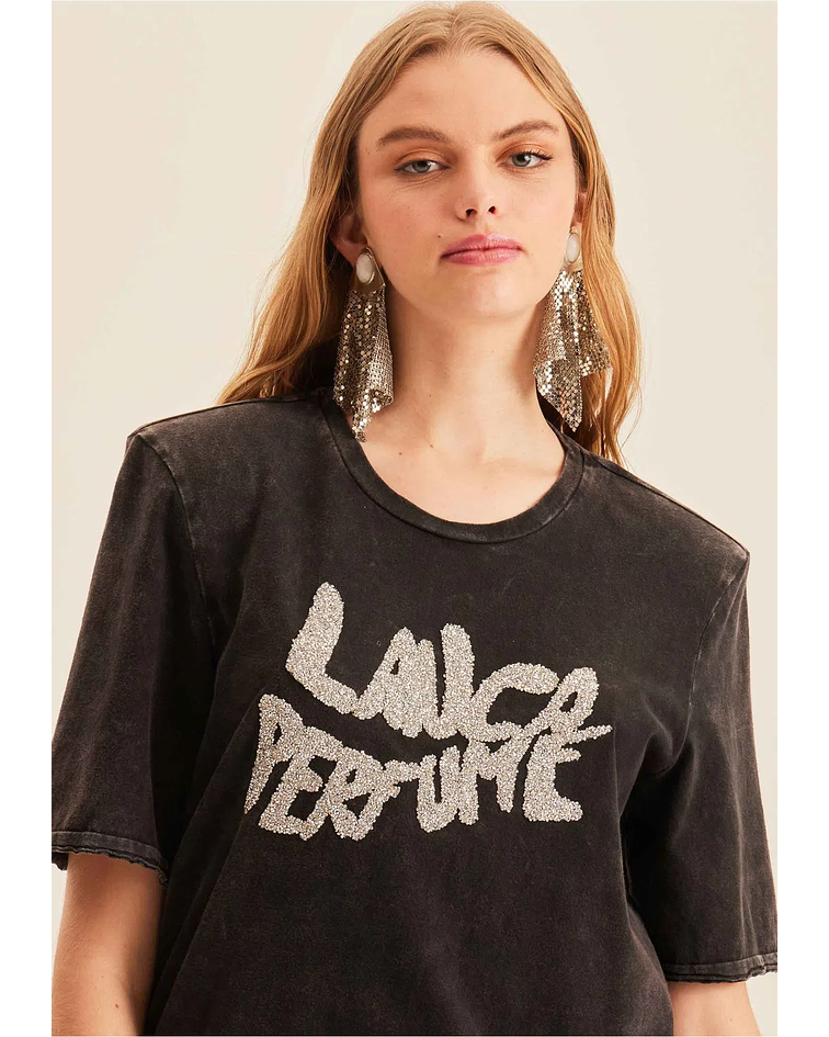 T-shirt com Lettering Prateado - Lança Perfume 