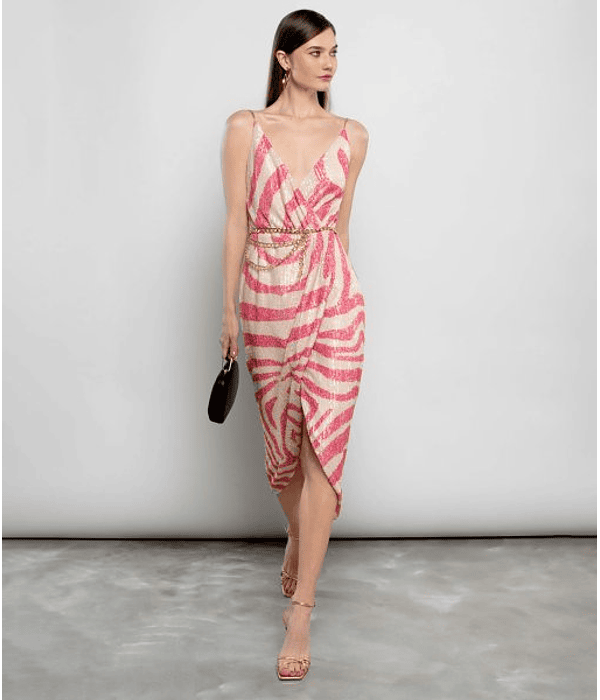 Vestido Midi de Lantejoulas Zebra Rosa - SAHOCO