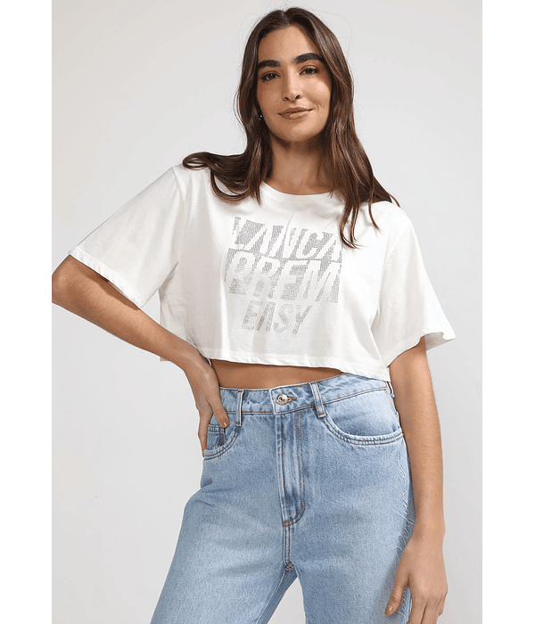 T-shirt Larga com Strass Branco - Lança Perfume