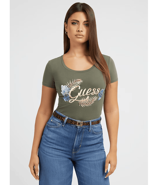 T-shirt com Bordados e Pedras Verde Seco - Guess
