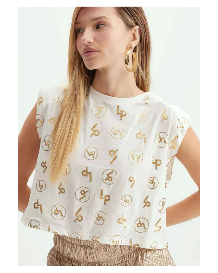 T-shirt Curta com Estampa Branco/Dourado - Lança Perfume