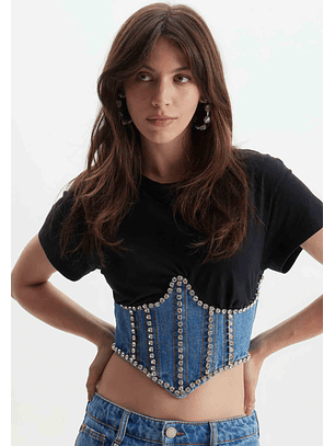 T-shirt Corset com Strass Preto - Lança Perfume