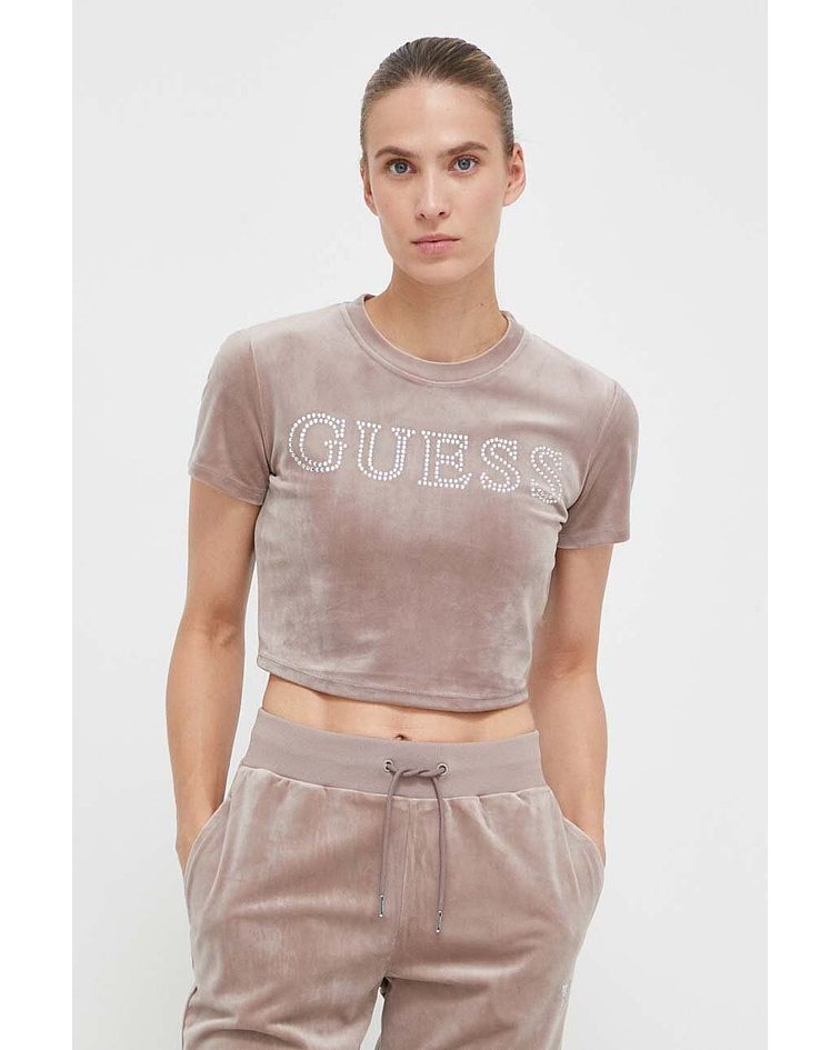 T-shirt Couture Curta com Logo em Strass Taupe - Guess
