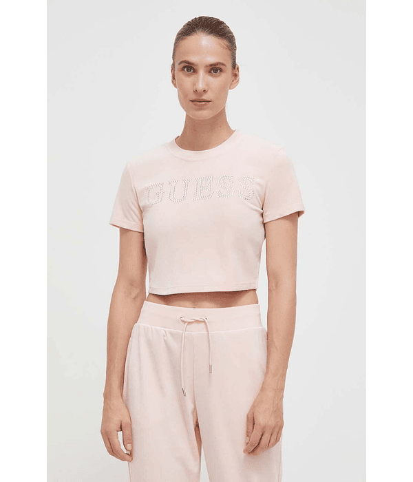 T-shirt Couture Curta em Veludo Rosa - Guess