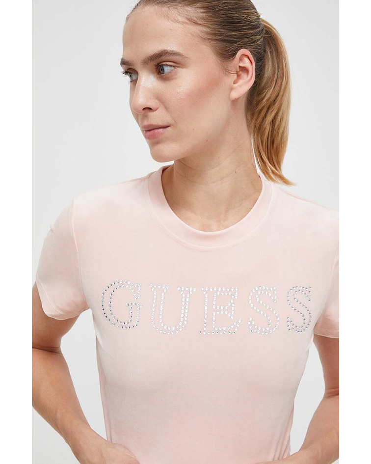 T-shirt Couture Curta em Veludo Rosa - Guess