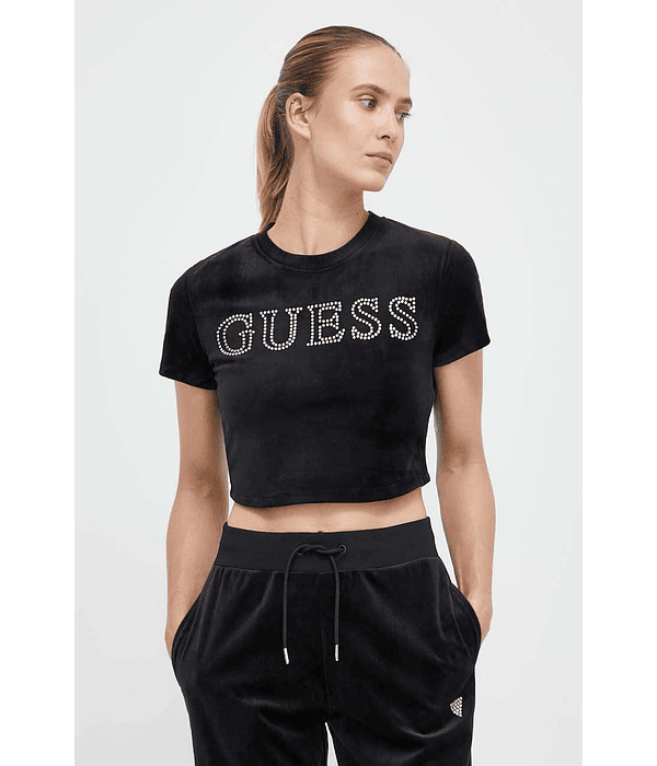 T-shirt Couture Curta em Veludo Preto - Guess